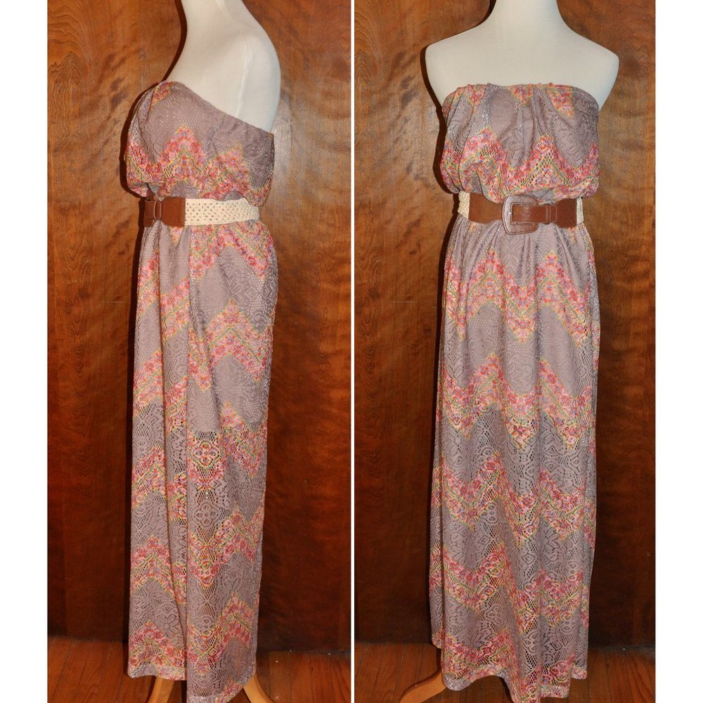 City Triangles Taupe Lace Strapless Blouson Waist Bohemian Style Maxi Sun Dress
